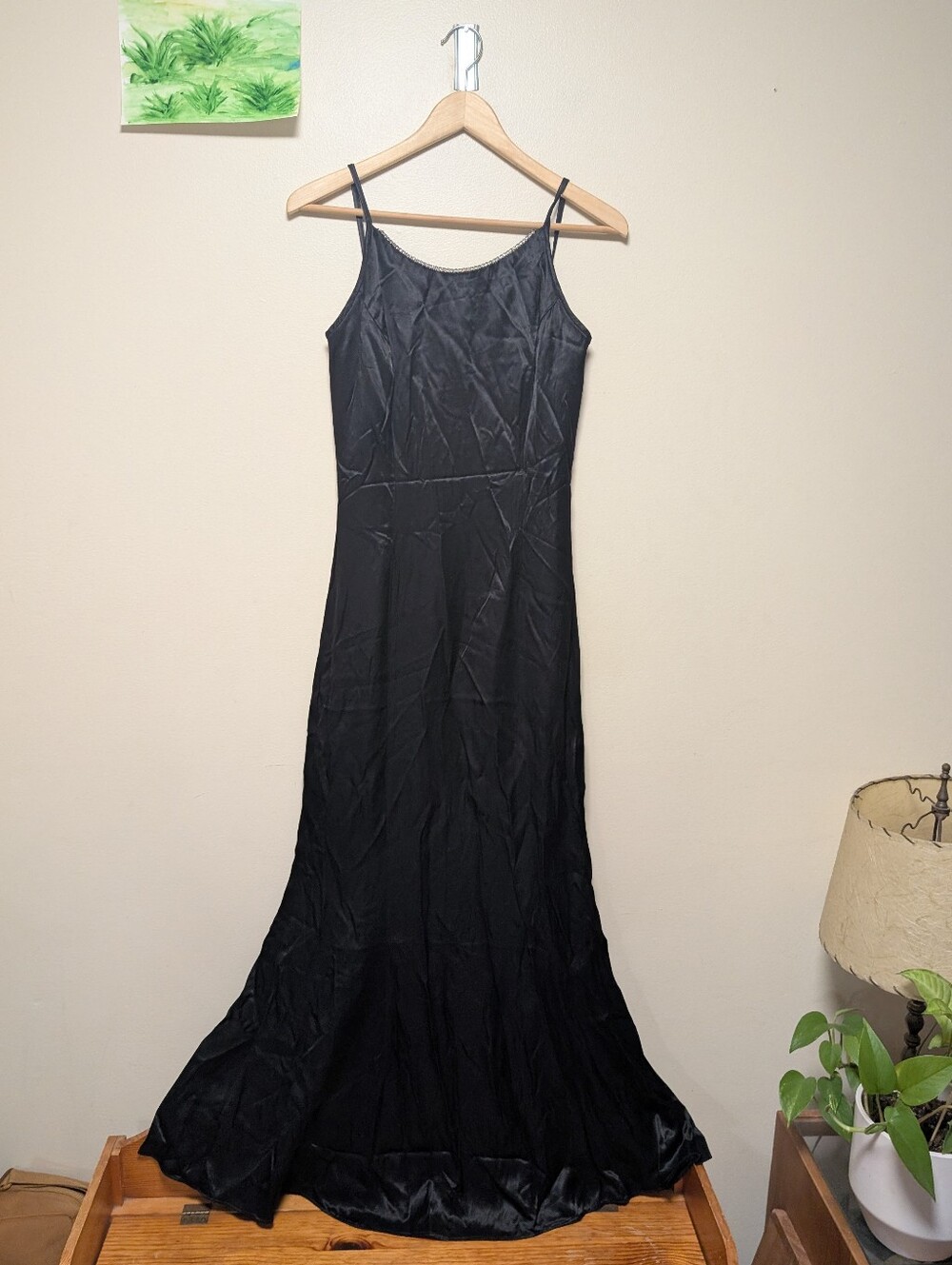 Jessica McClintock Gunne Sax Size 7 Black Satin Rhinestone Maxi Gown USA